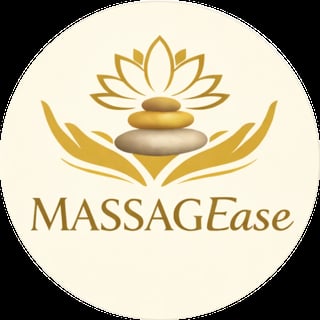 MASSAGEase logo with golden lotus flower above stacked stones held by open hands on cream background